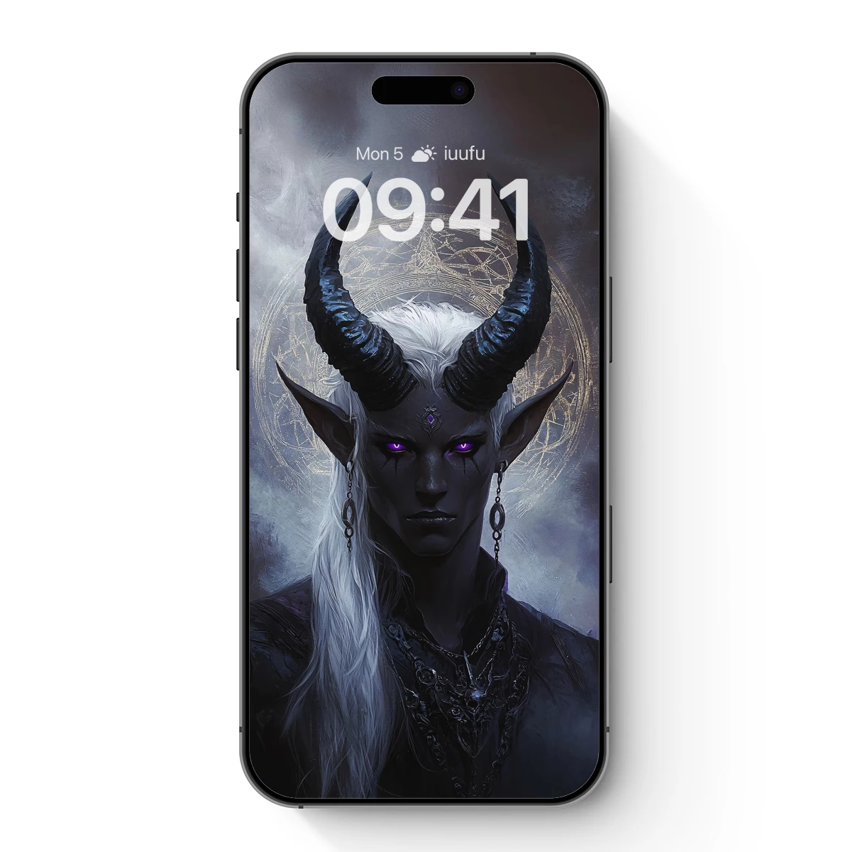 Dark Elegance: Horned Mystic with Celestial Symbolism