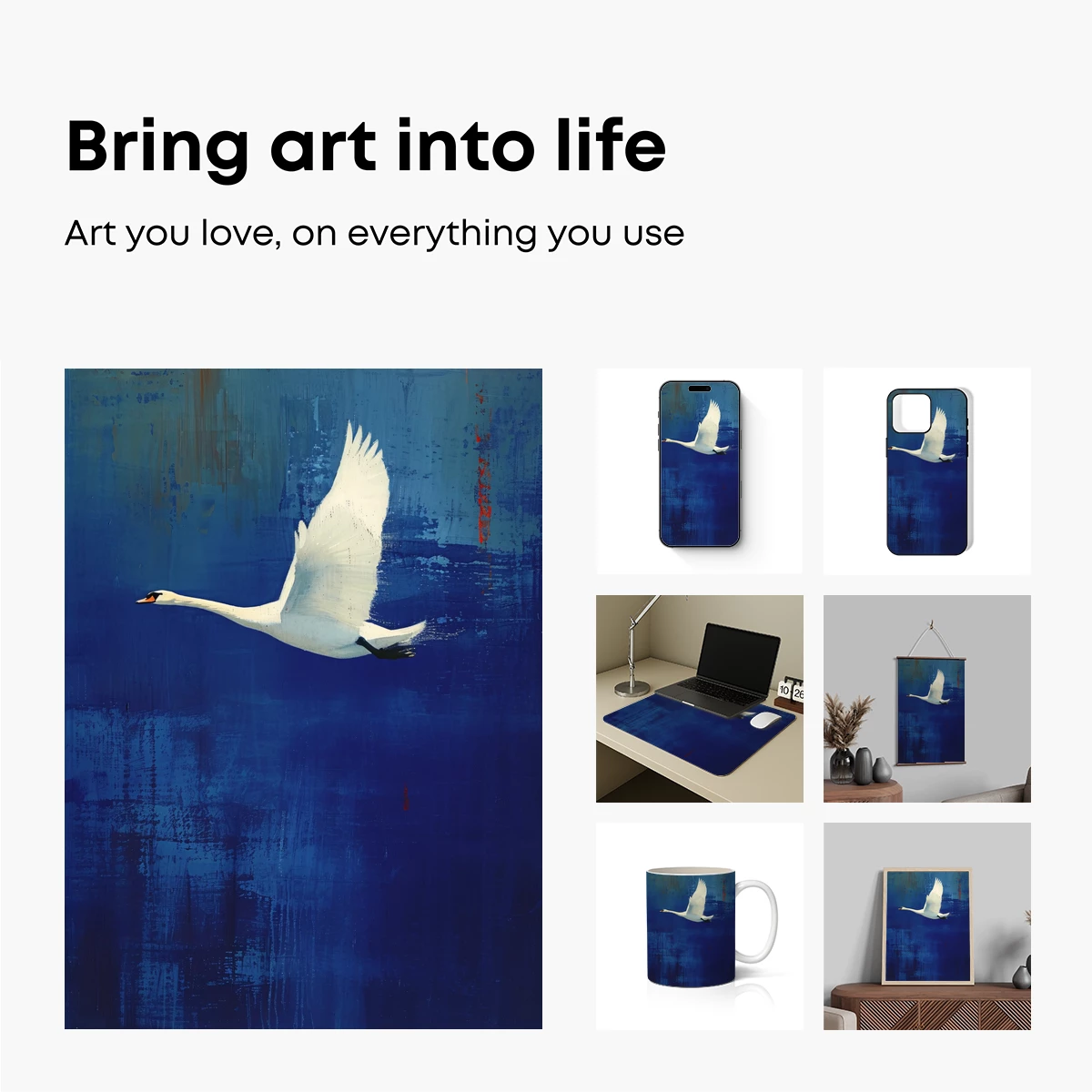 Ethereal Swan Flight: Abstract Blue Canvas - Image 2