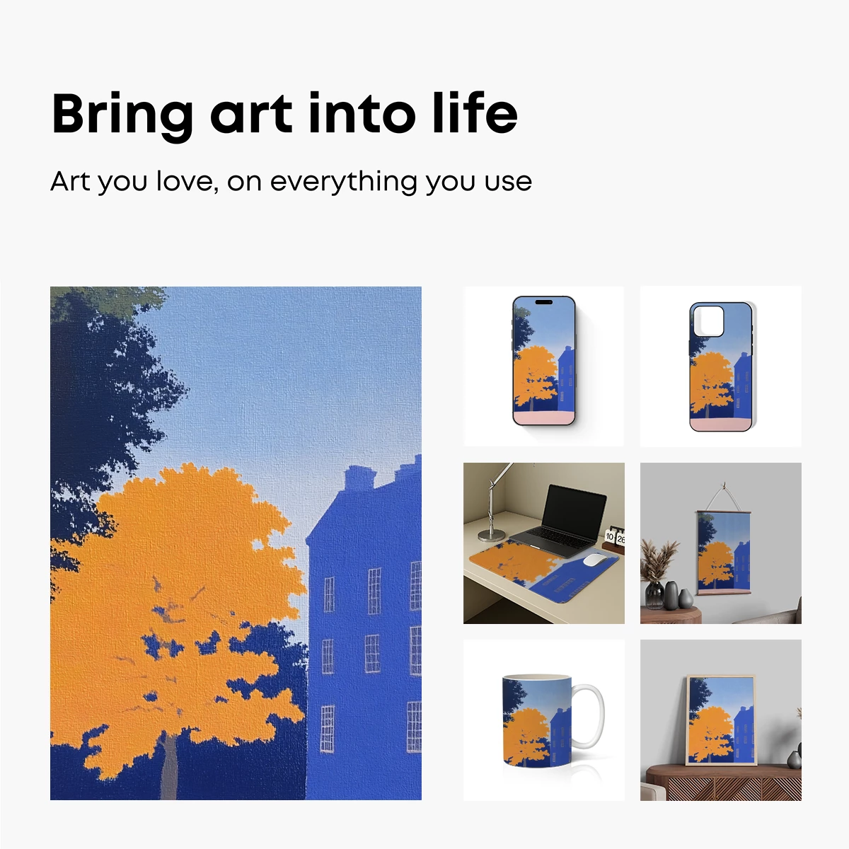 Autumn Blaze: Modernist Tree and Blue Building - Image 2