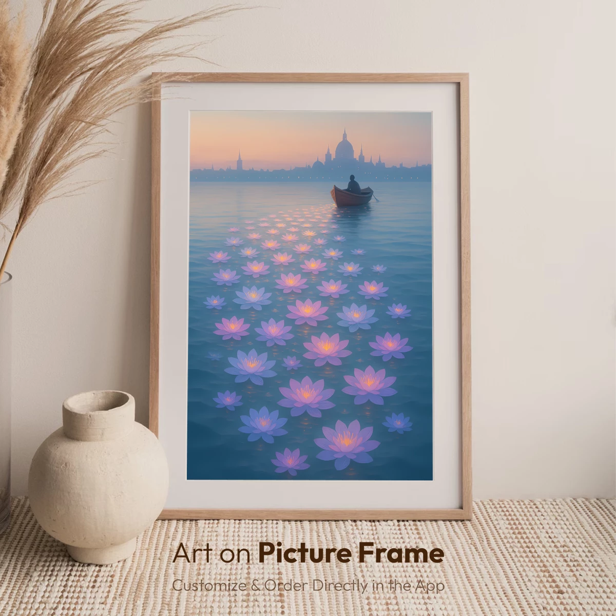 Luminous Lotus Path: Serene Rowboat Journey - Image 7