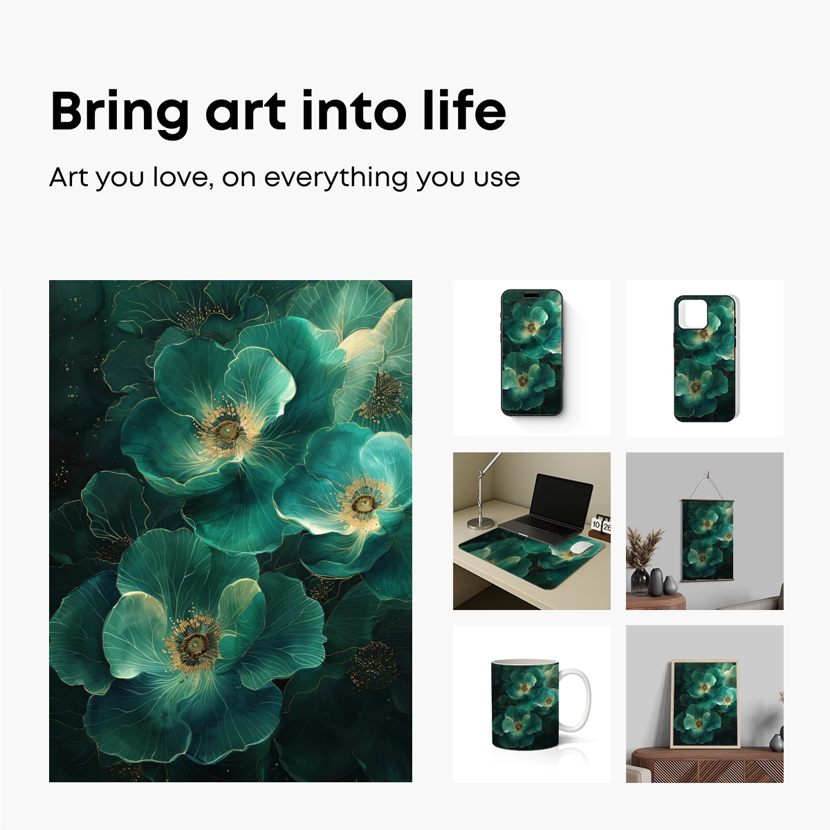 Ethereal Teal Blossoms: Golden Veins and Mystical Depth - Image 2