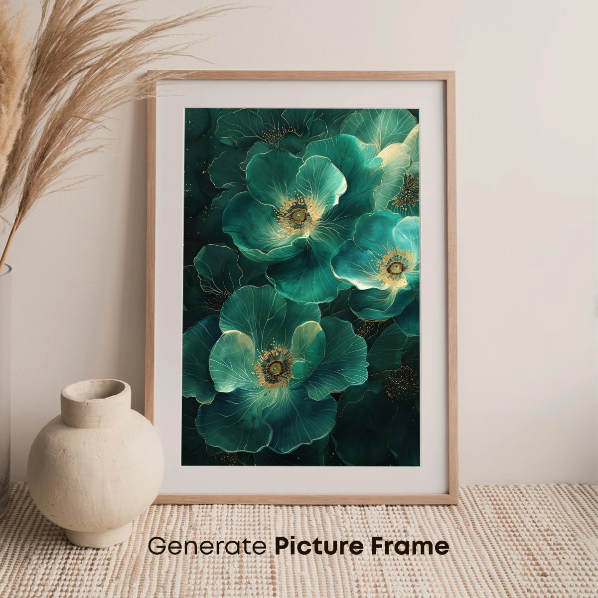 Ethereal Teal Blossoms: Golden Veins and Mystical Depth - Image 7