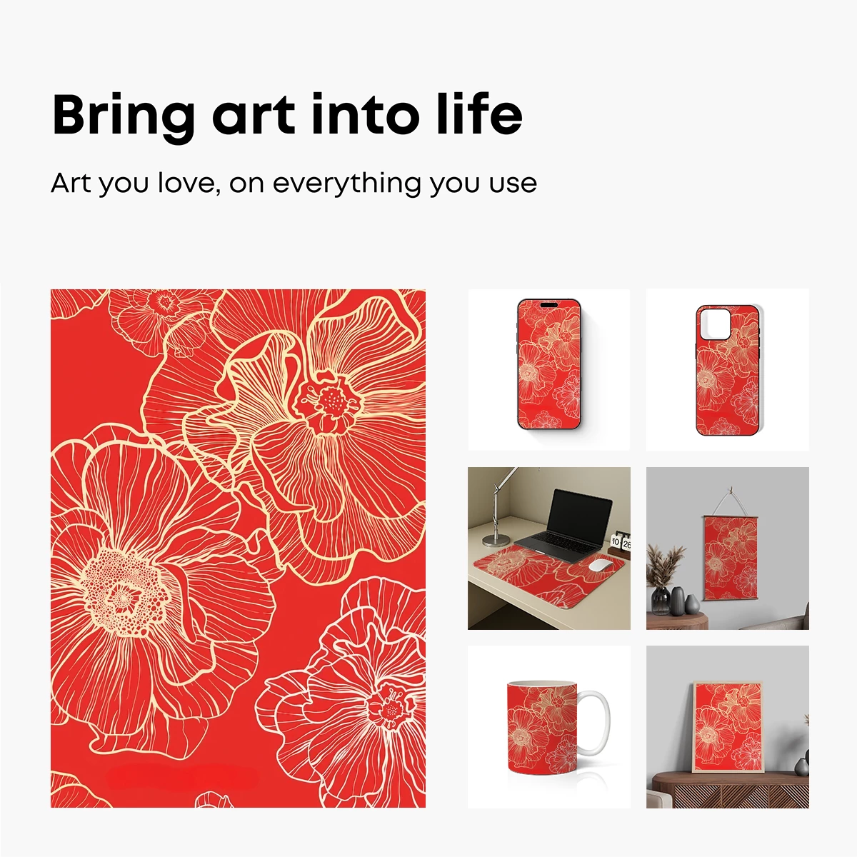 Bold Blooms: Golden Lines on Crimson Canvas - Image 2