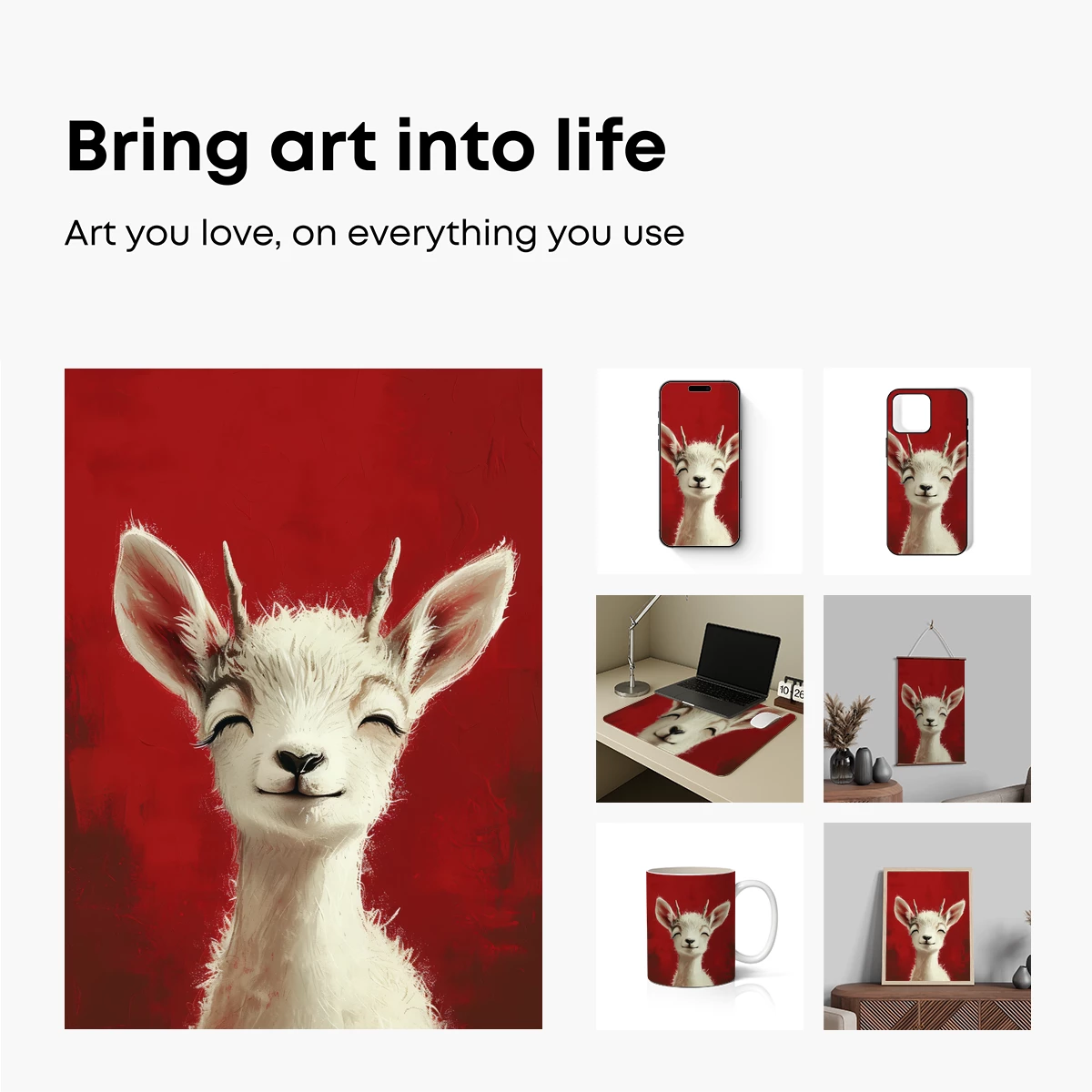 Blissful White Goat on Vibrant Red: Whimsical Artistry - Image 2