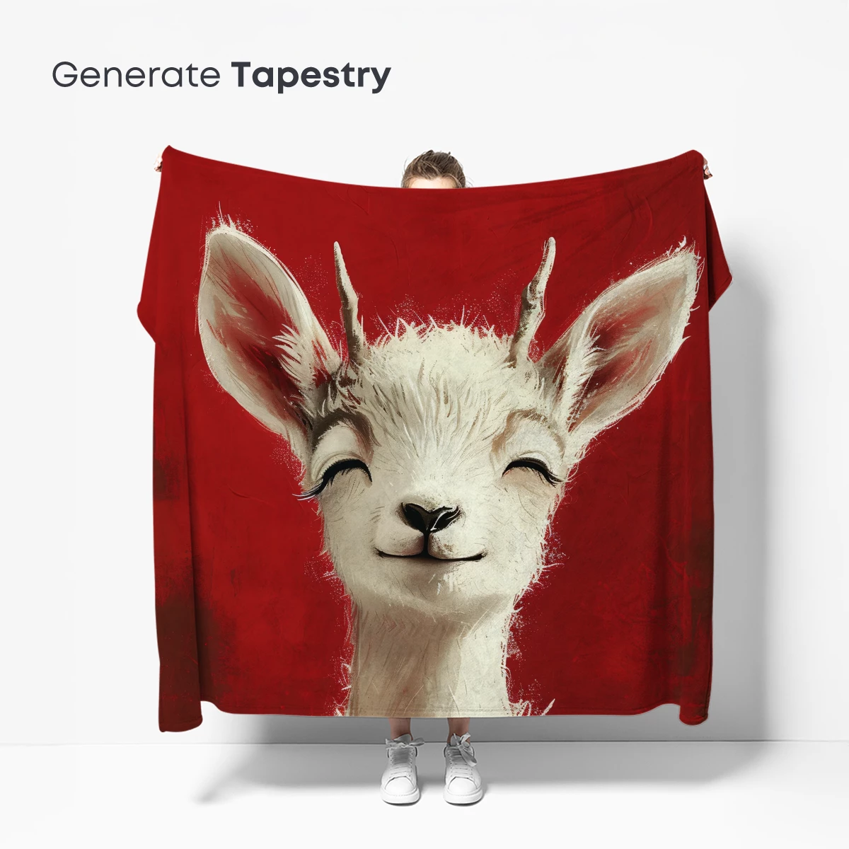 Blissful White Goat on Vibrant Red: Whimsical Artistry - Image 5