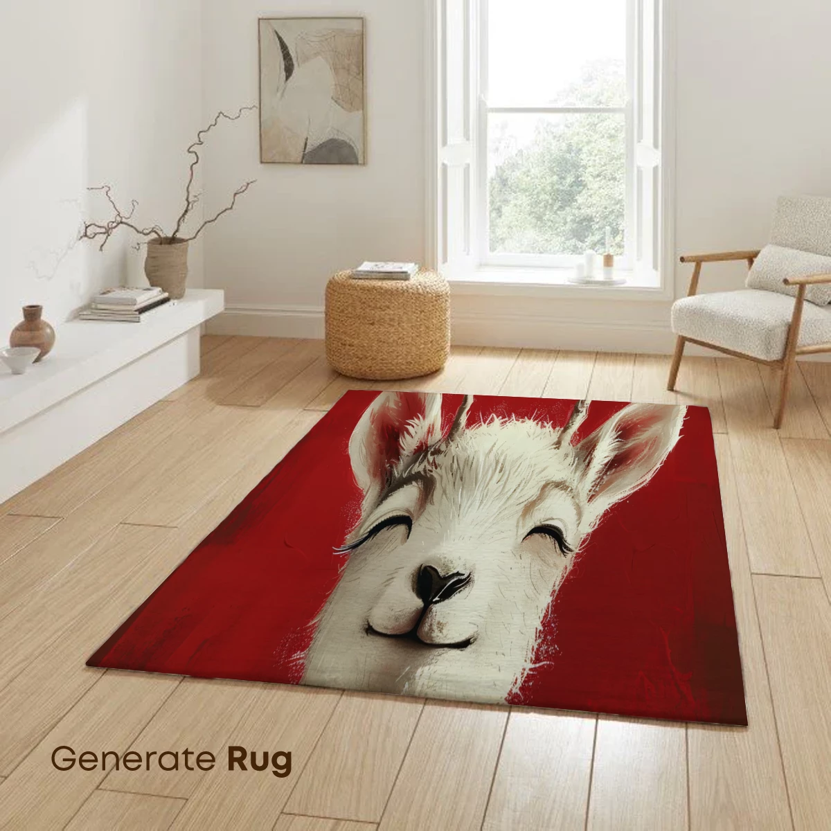 Blissful White Goat on Vibrant Red: Whimsical Artistry - Image 6