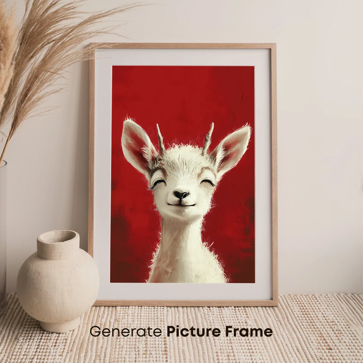 Blissful White Goat on Vibrant Red: Whimsical Artistry - Image 7