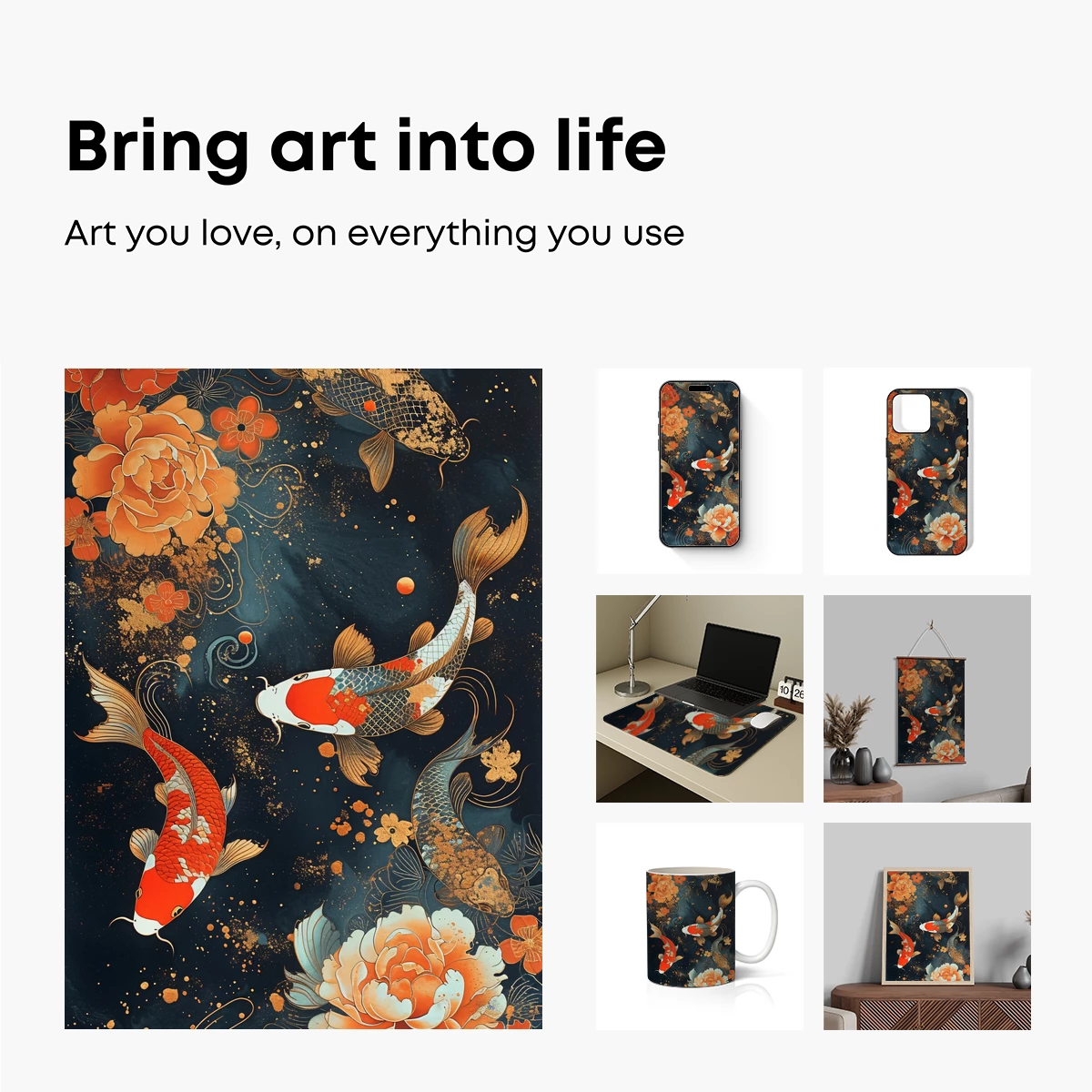 Koi Odyssey: Floral Elegance in Midnight Waters - Image 2