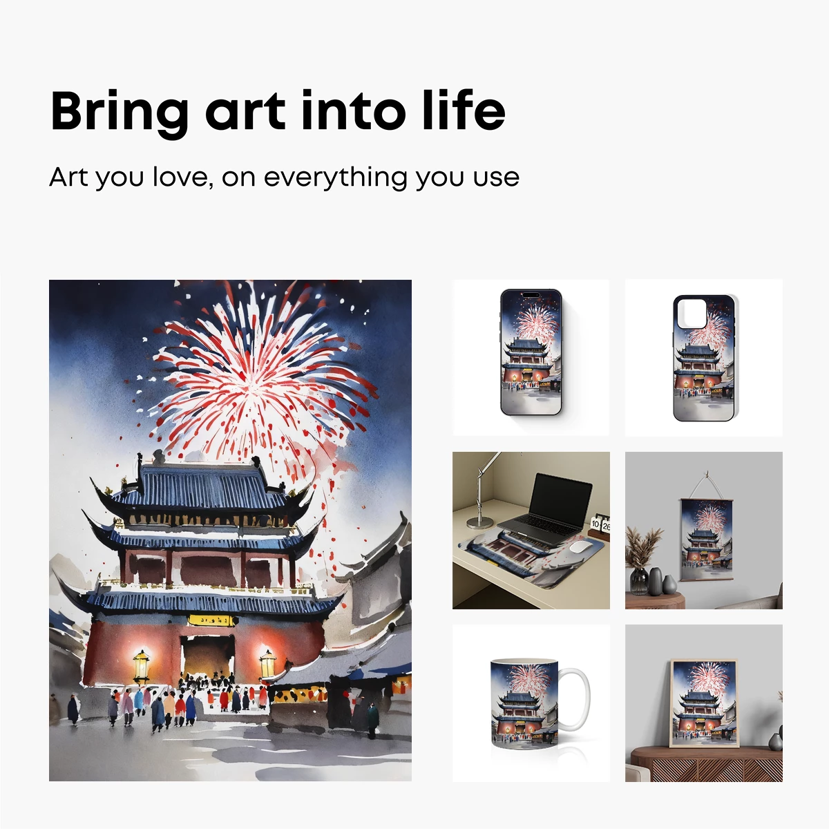 Fireworks Over Ancient Gate: Watercolor Festivity - Image 2