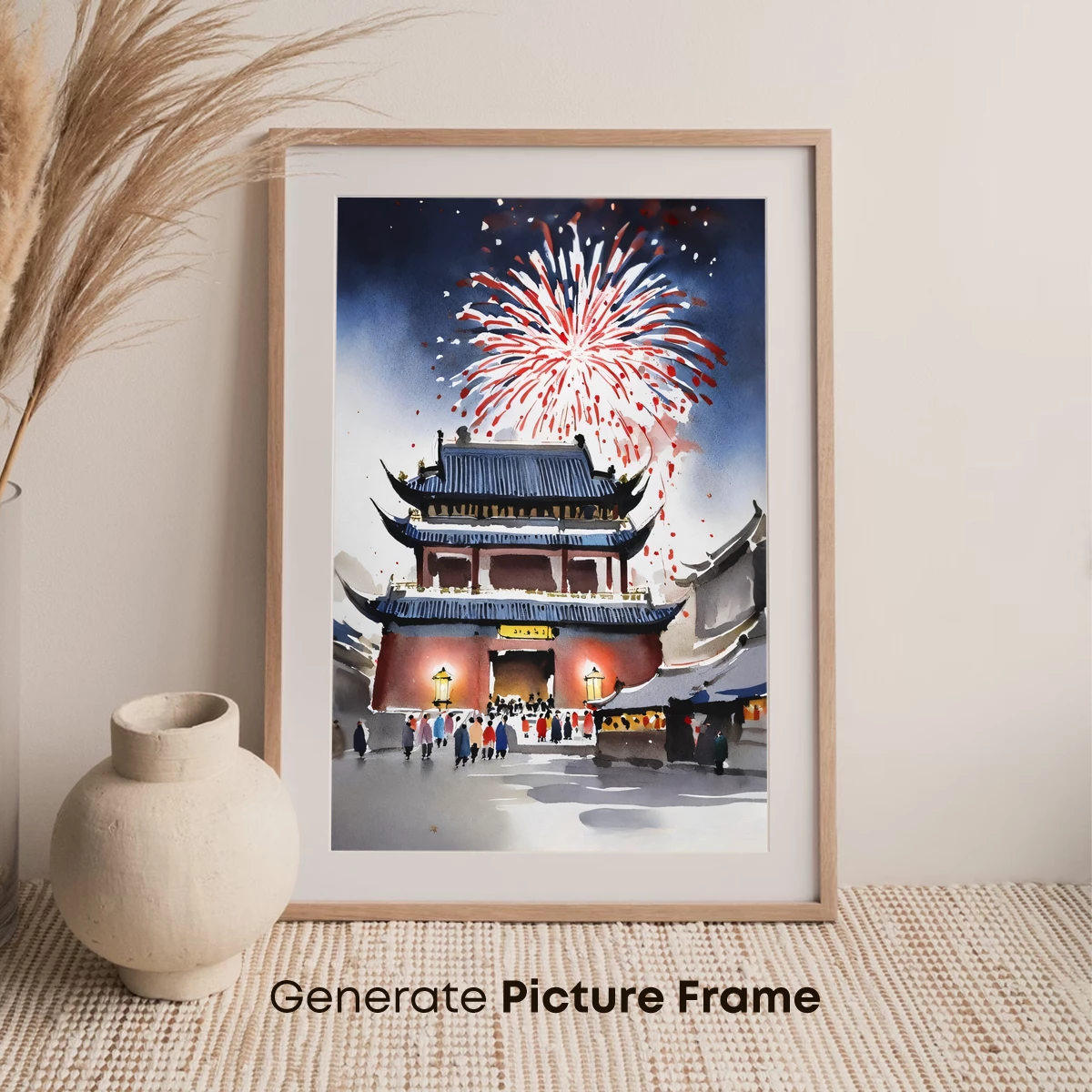 Fireworks Over Ancient Gate: Watercolor Festivity - Image 7