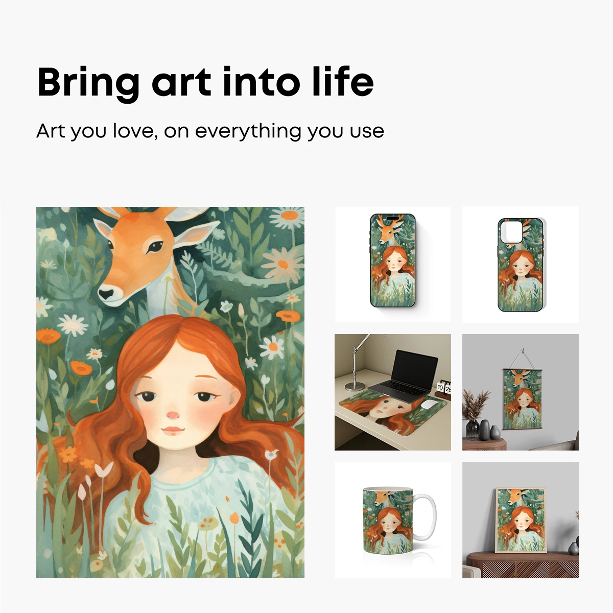 Enchanted Forest Whispers: Girl and Deer Amidst Wildflowers - Image 2