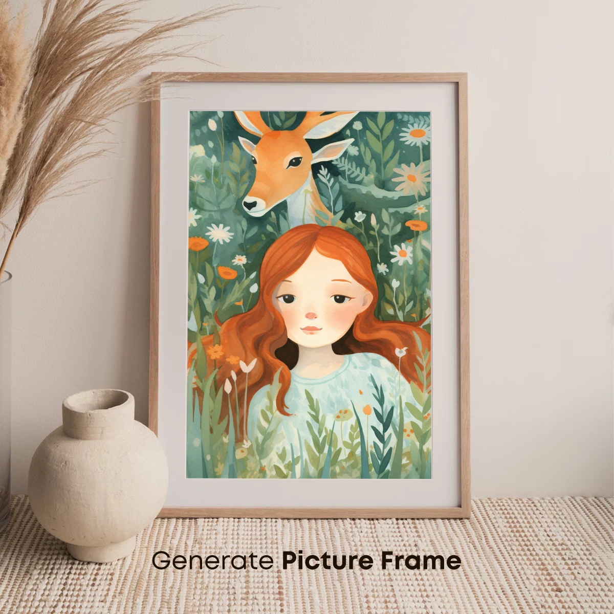 Enchanted Forest Whispers: Girl and Deer Amidst Wildflowers - Image 7