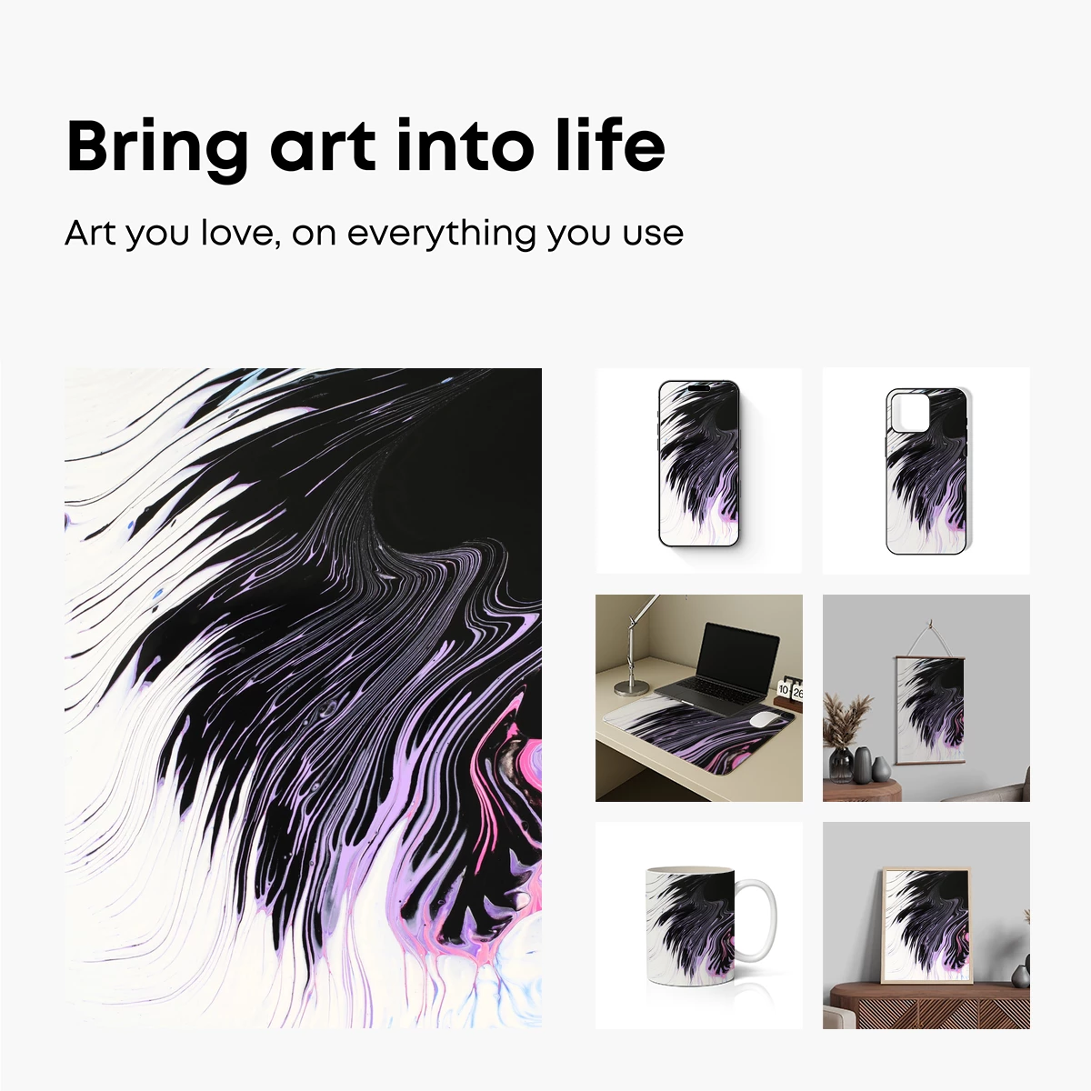 Ethereal Ink Waves: A Fusion of Black, White, and Pink