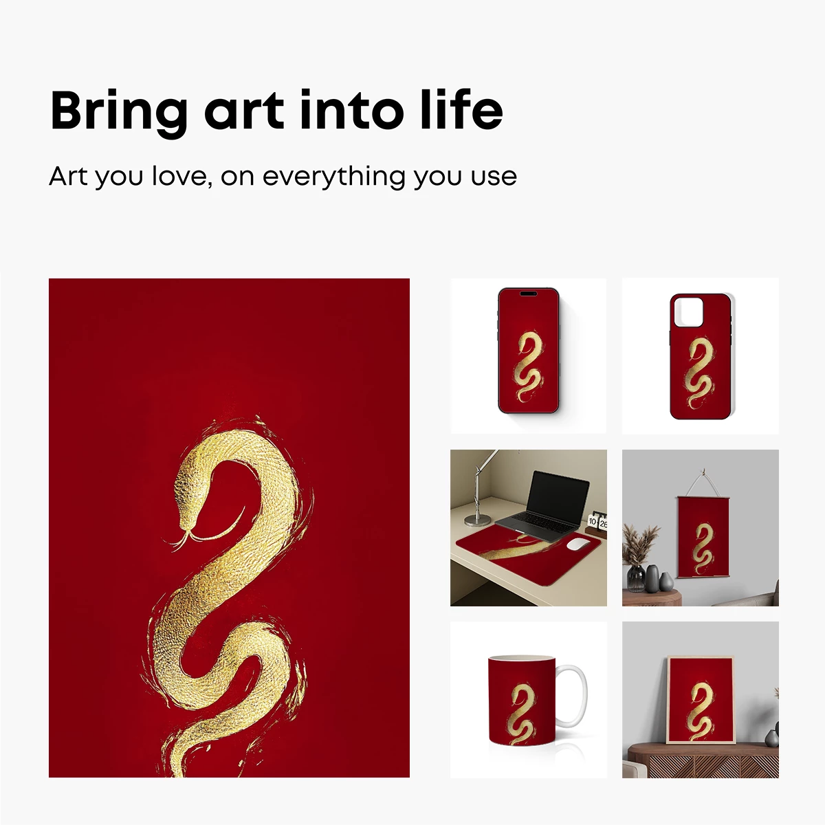 Golden Serpent on Crimson: Brushstroke Elegance - Image 2