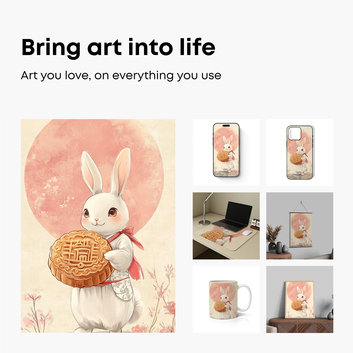 Adorable Bunny with Festive Mooncake under a Rosy Moon - Image 2