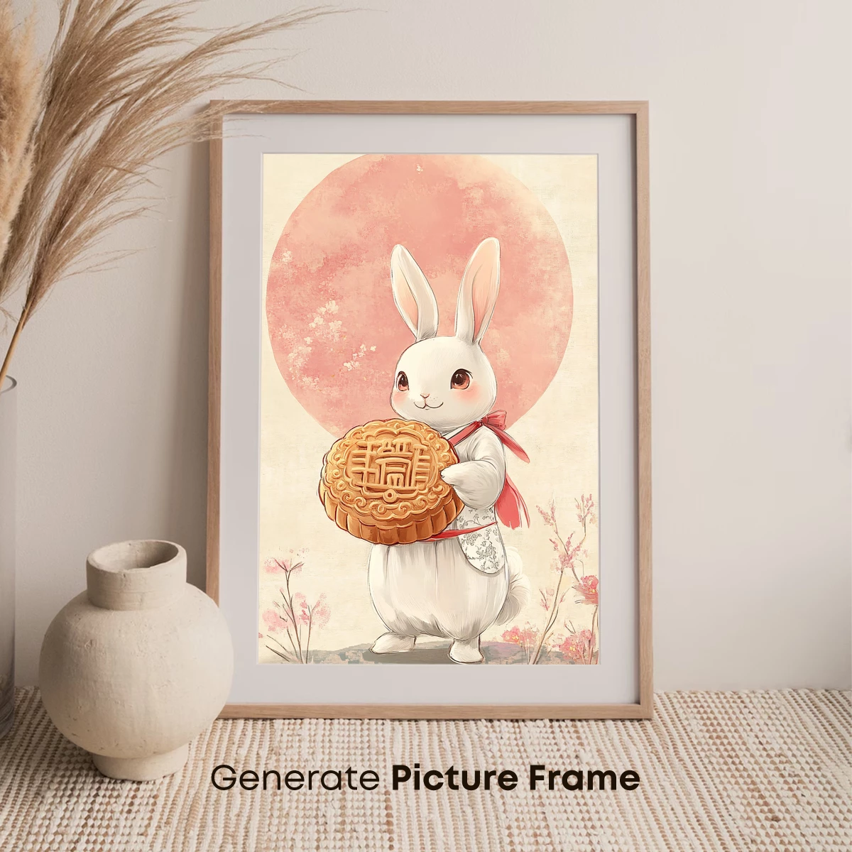 Adorable Bunny with Festive Mooncake under a Rosy Moon - Image 7
