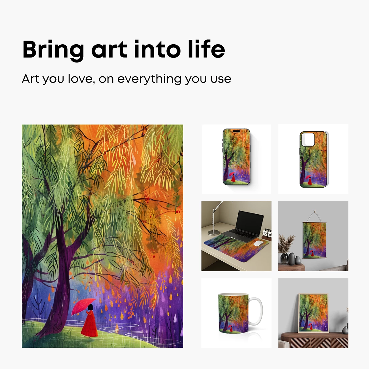 Rainy Day Reverie: A Woman Under an Umbrella Amidst Vibrant Trees - Image 2