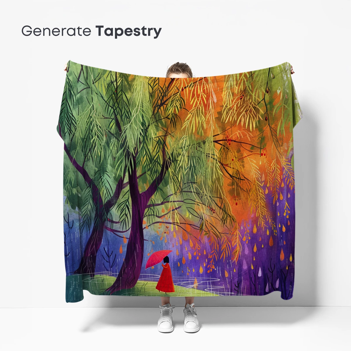 Rainy Day Reverie: A Woman Under an Umbrella Amidst Vibrant Trees - Image 5