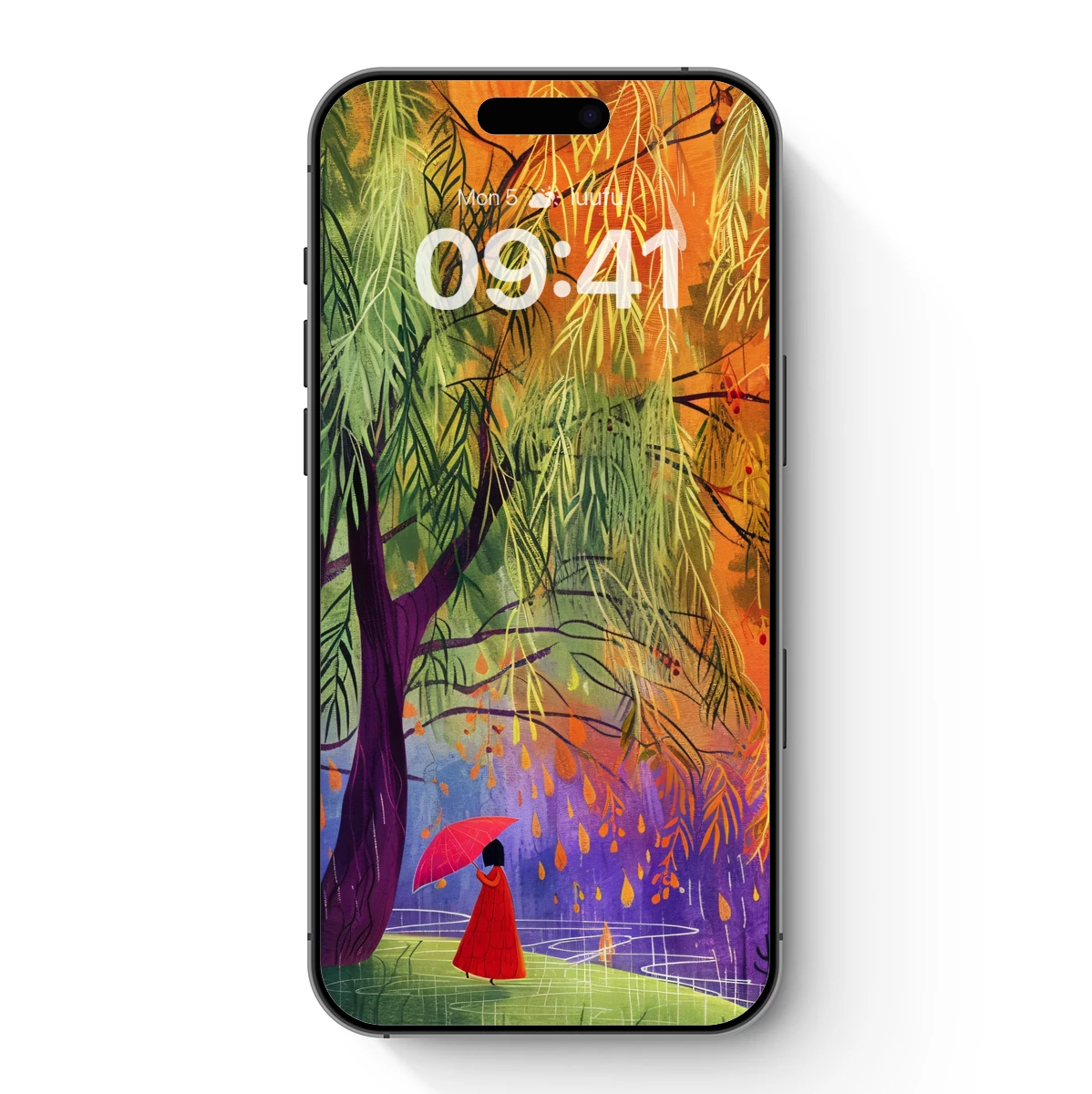 Rainy Day Reverie: A Woman Under an Umbrella Amidst Vibrant Trees