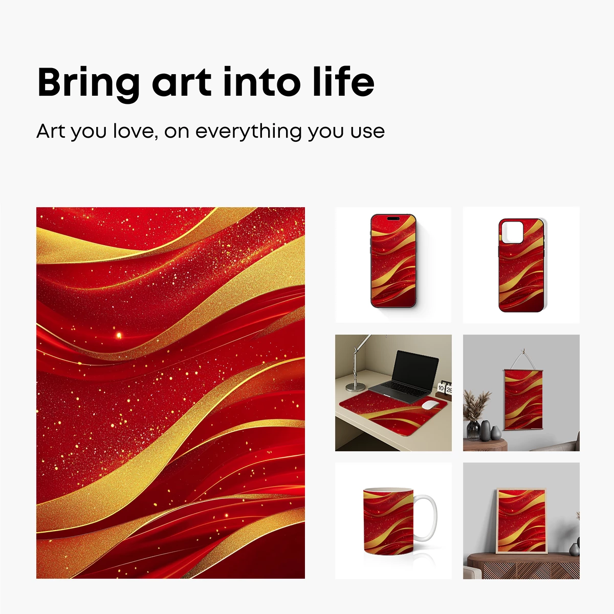Golden Waves on Crimson Canvas - Image 2