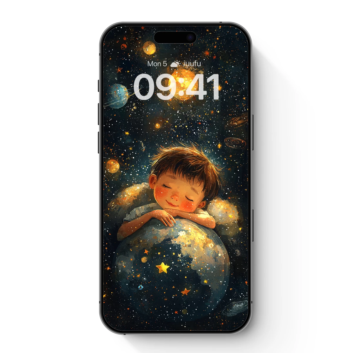 Dreaming Among Stars: Child Embracing Cosmic Sphere