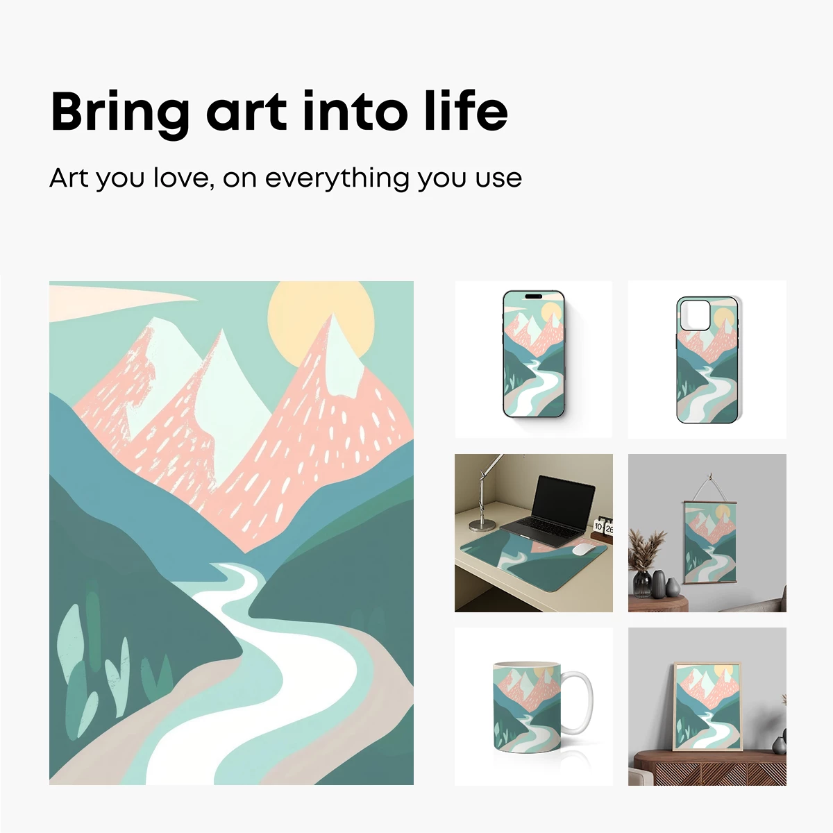 Abstract Mountain Odyssey: Winding River Under Sunlit Peaks - Image 2