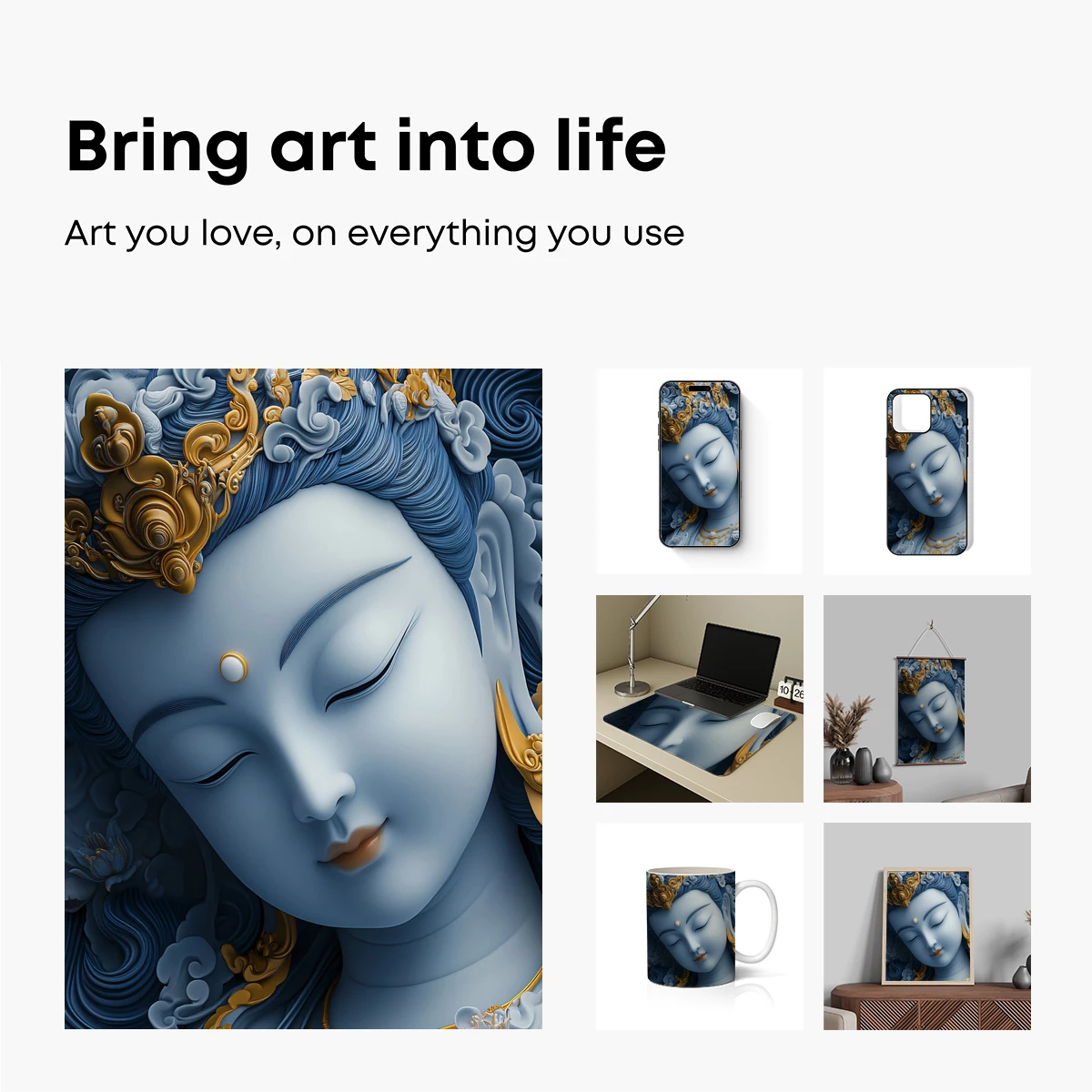 Ethereal Blue Serenity: Divine Sculpture in Gold and Mist - Image 2