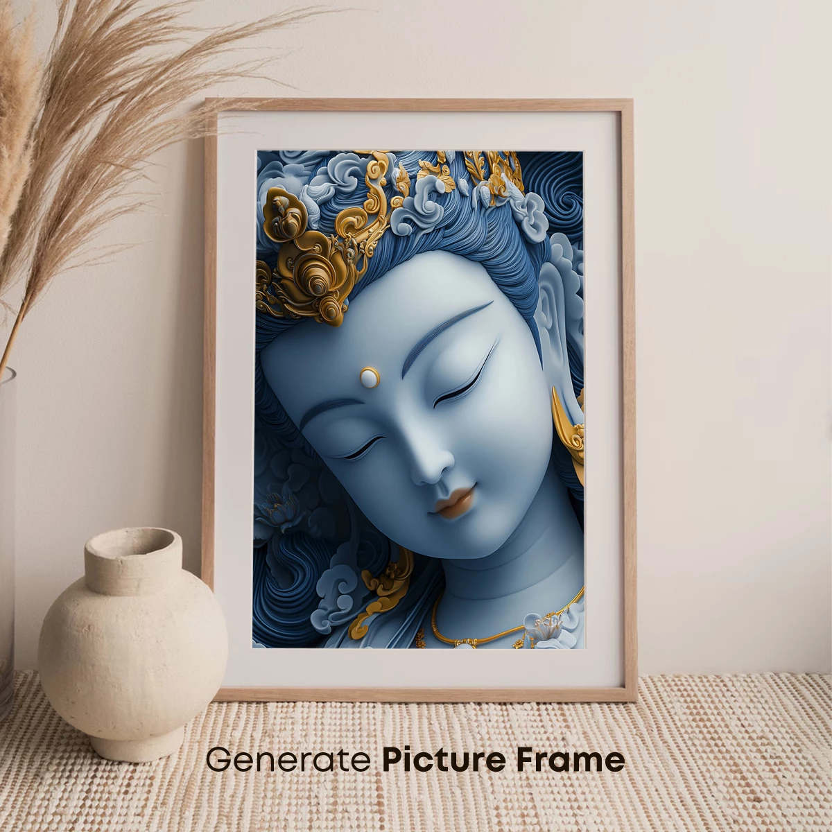 Ethereal Blue Serenity: Divine Sculpture in Gold and Mist - Image 7