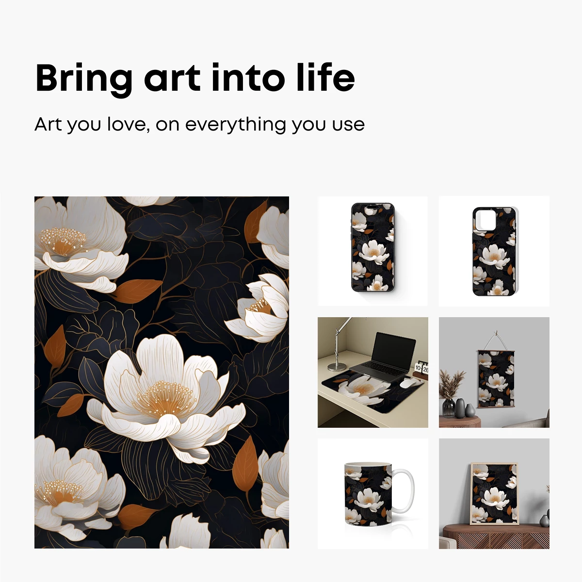 Elegant Peony Elegy: Golden Lines on Midnight Canvas - Image 2