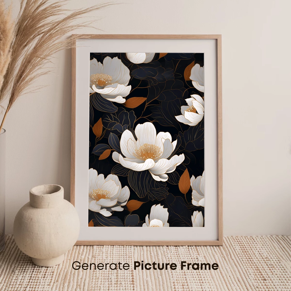 Elegant Peony Elegy: Golden Lines on Midnight Canvas - Image 7