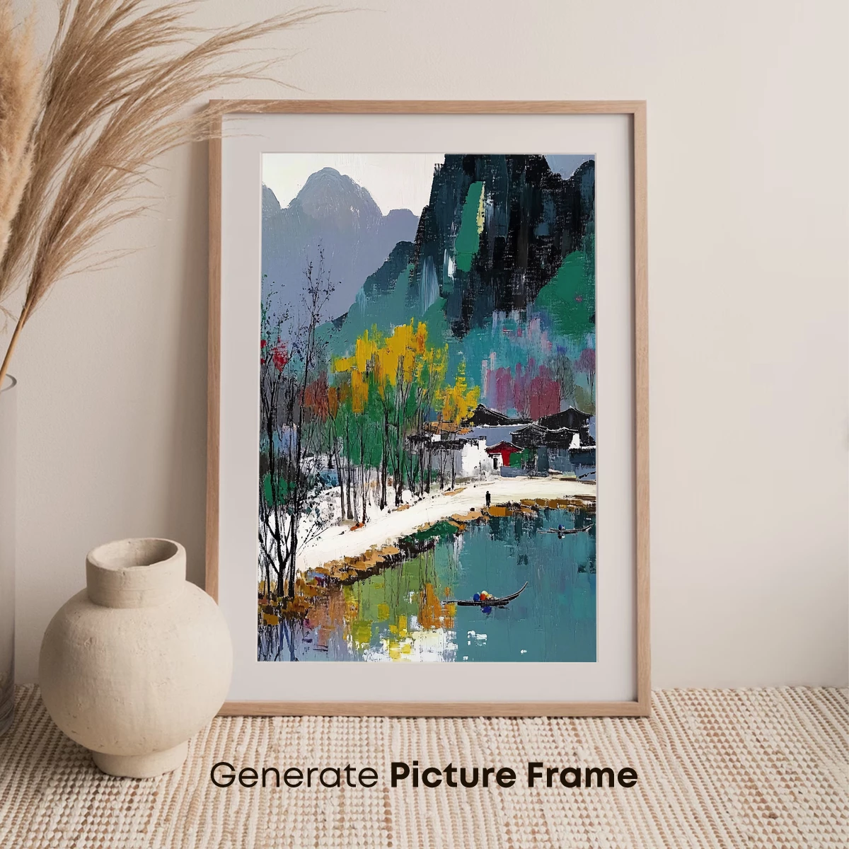 Autumnal Serenity: Ink-Wash Village by the Lake - Image 7