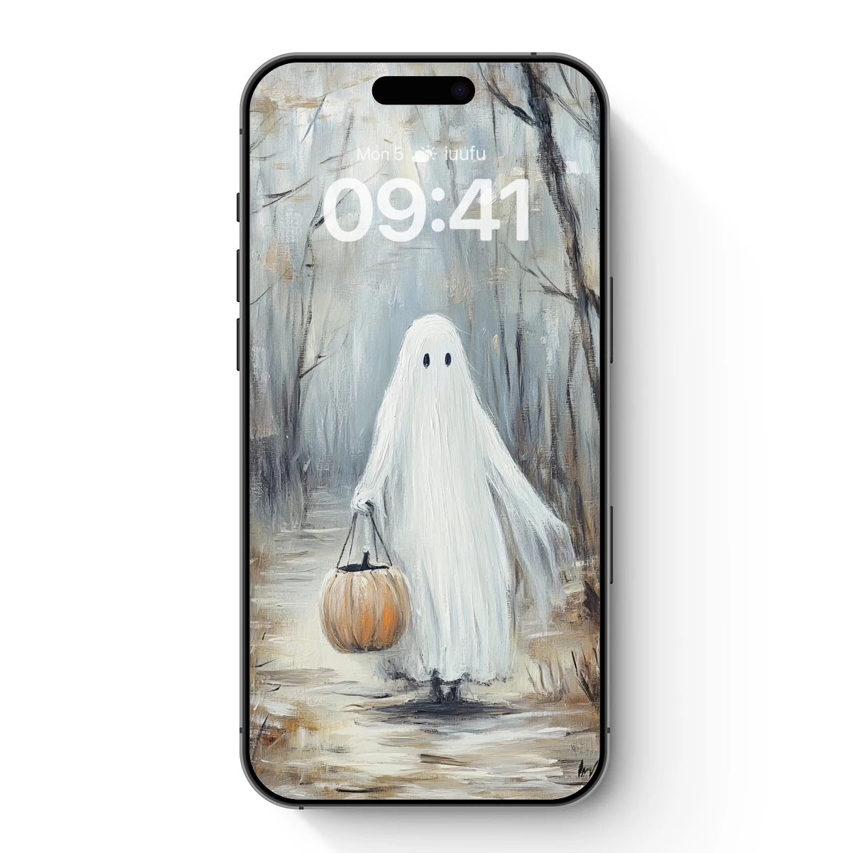 Ghostly Trick-or-Treater in Autumn Woods