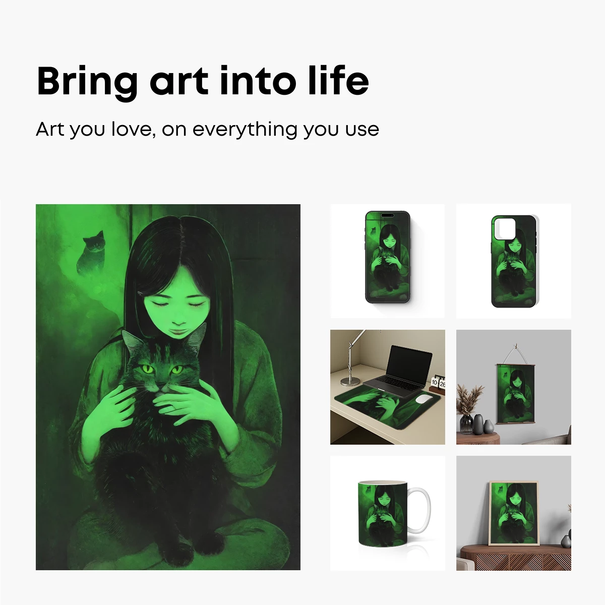 Ethereal Embrace: Green-Hued Girl and Cat - Image 2