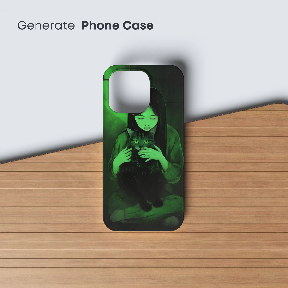 Ethereal Embrace: Green-Hued Girl and Cat - Image 3