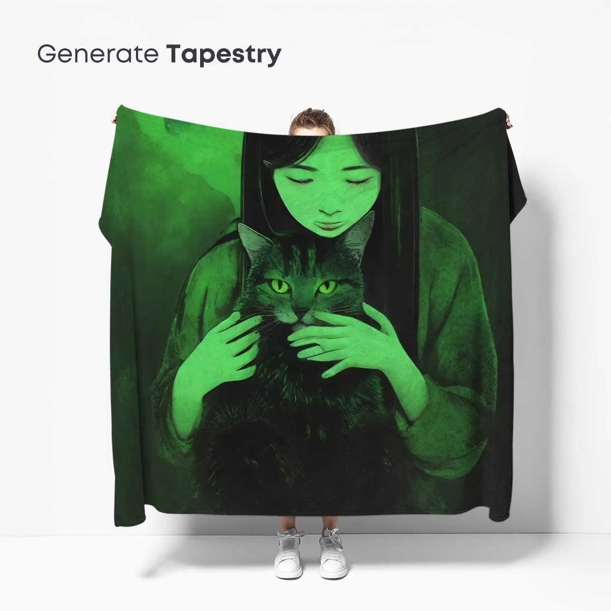 Ethereal Embrace: Green-Hued Girl and Cat - Image 5