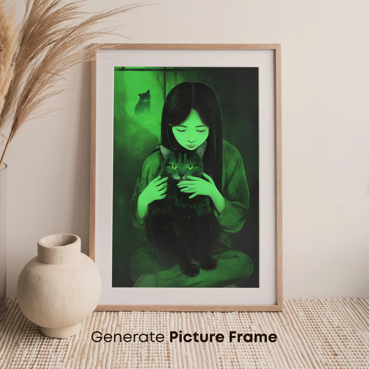 Ethereal Embrace: Green-Hued Girl and Cat - Image 7