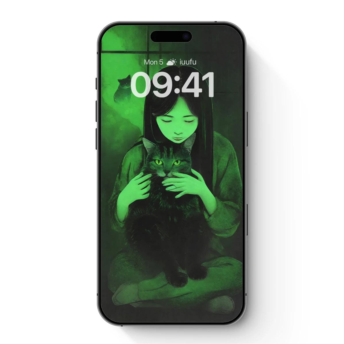 Ethereal Embrace: Green-Hued Girl and Cat