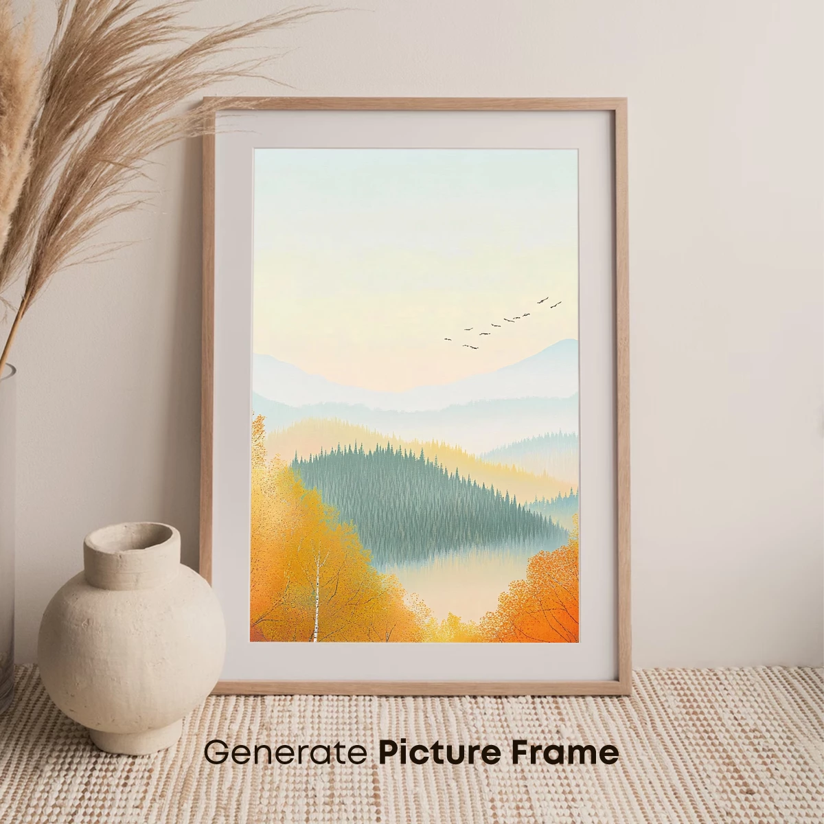 Autumnal Serenity: Birch Trees & Misty Mountains - Image 7