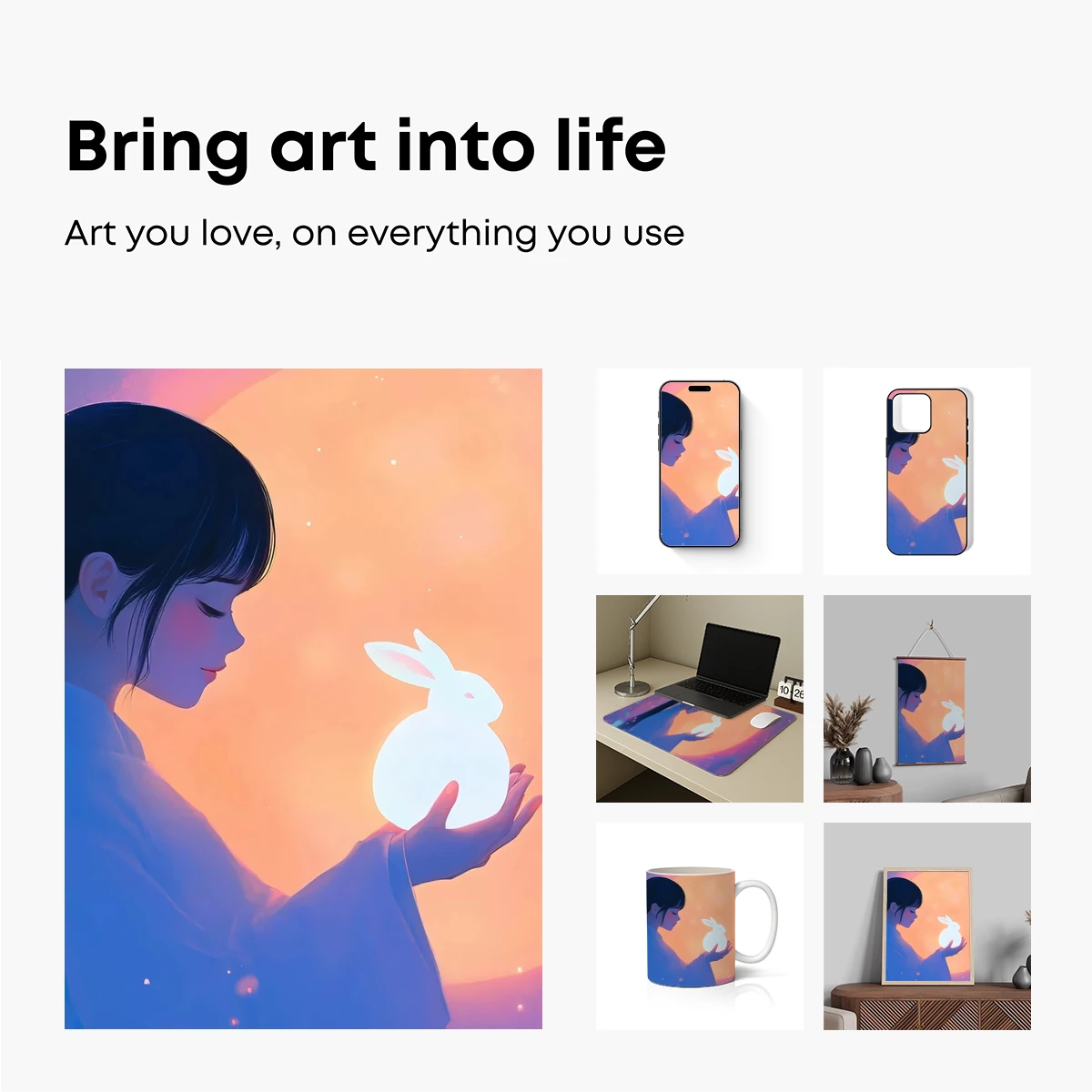 Luminous Moonlit Embrace: Ethereal Rabbit and Serene Woman - Image 2