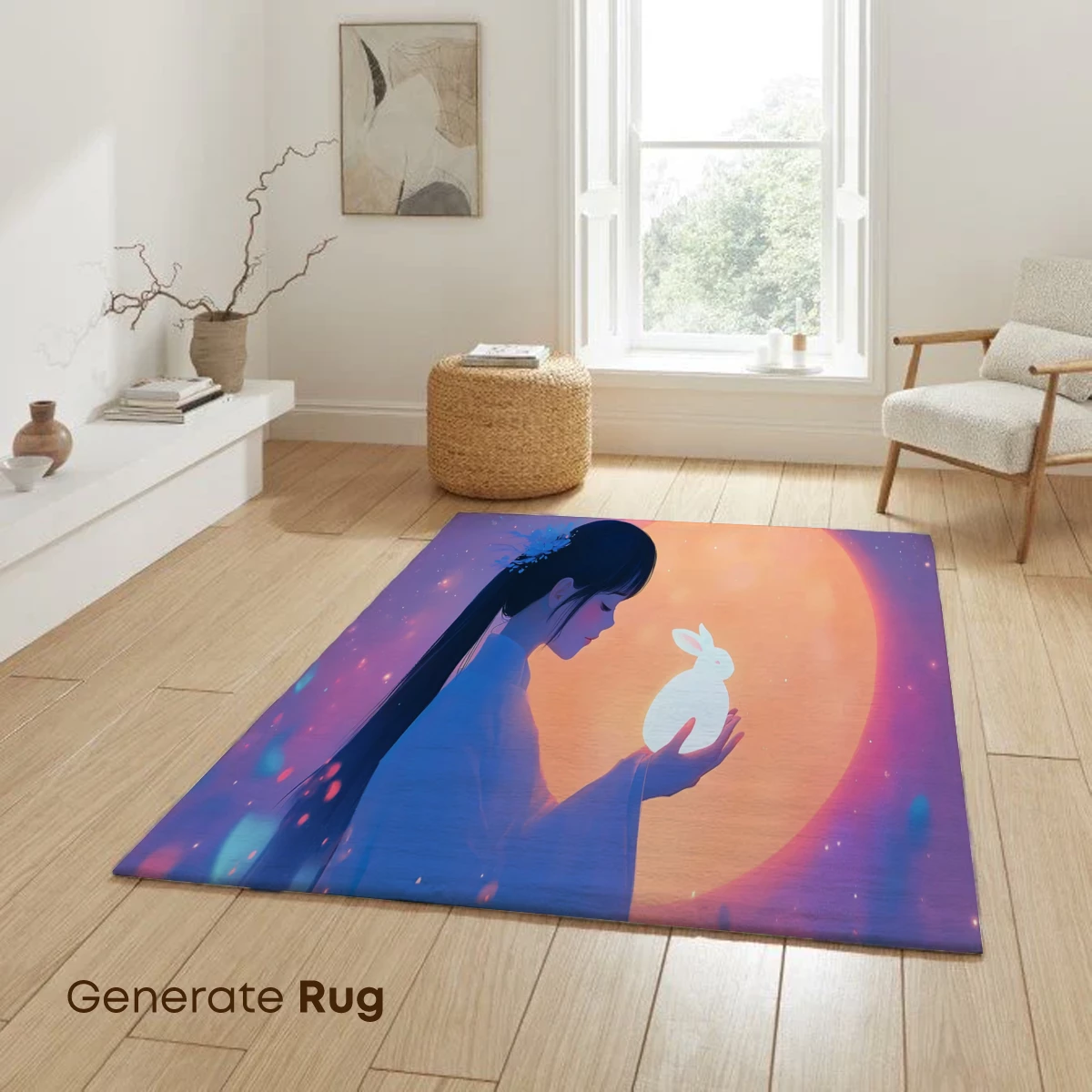 Luminous Moonlit Embrace: Ethereal Rabbit and Serene Woman - Image 6