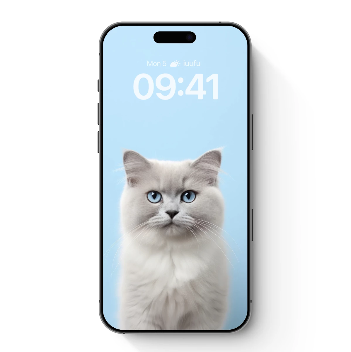 Ethereal Blue-Eyed Cat on Serene Sky Background