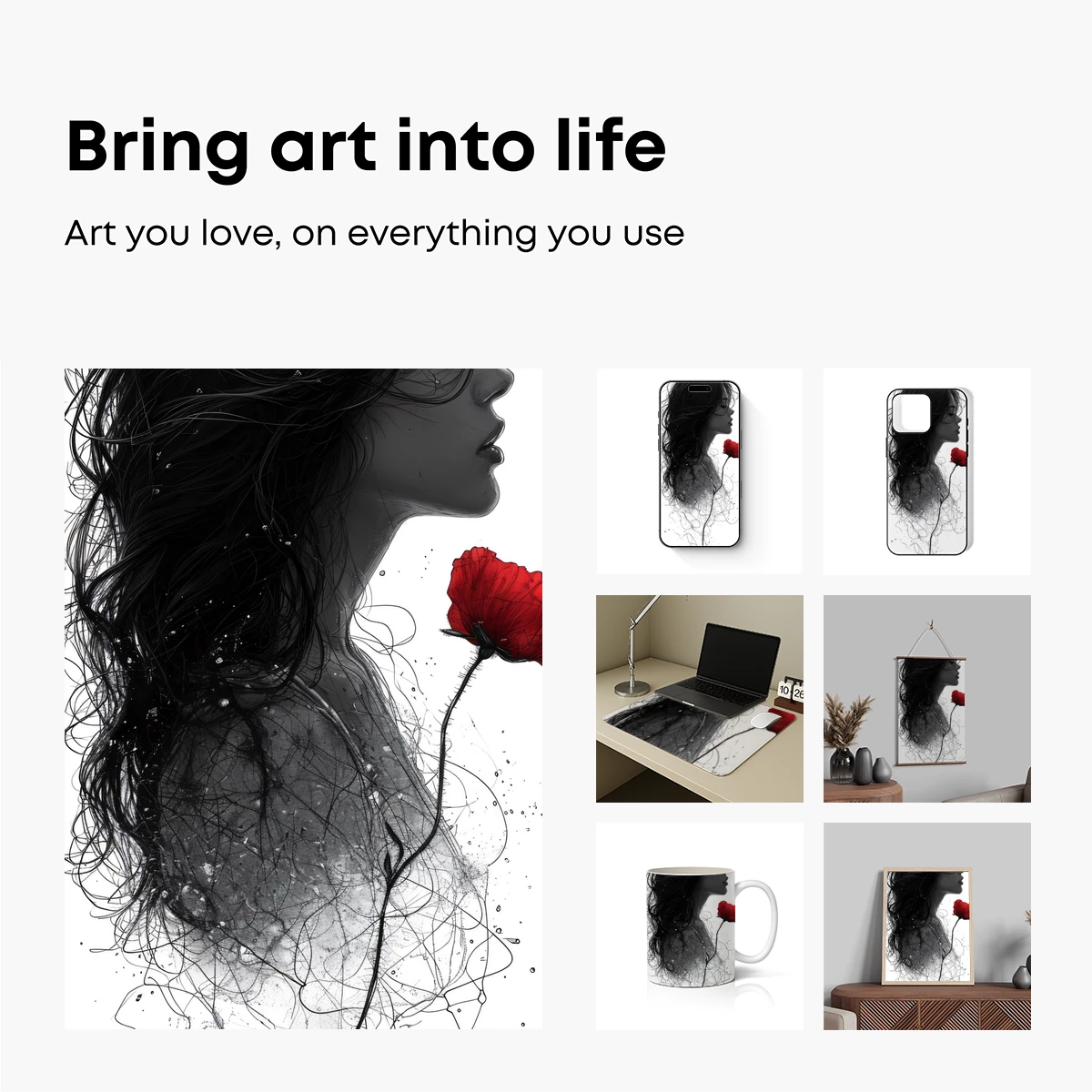 Ethereal Bloom: Monochrome Profile with Scarlet Poppy - Image 2