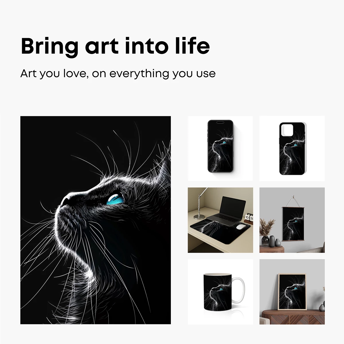 Ethereal Midnight Cat: Neon Blue Eyes in Darkness