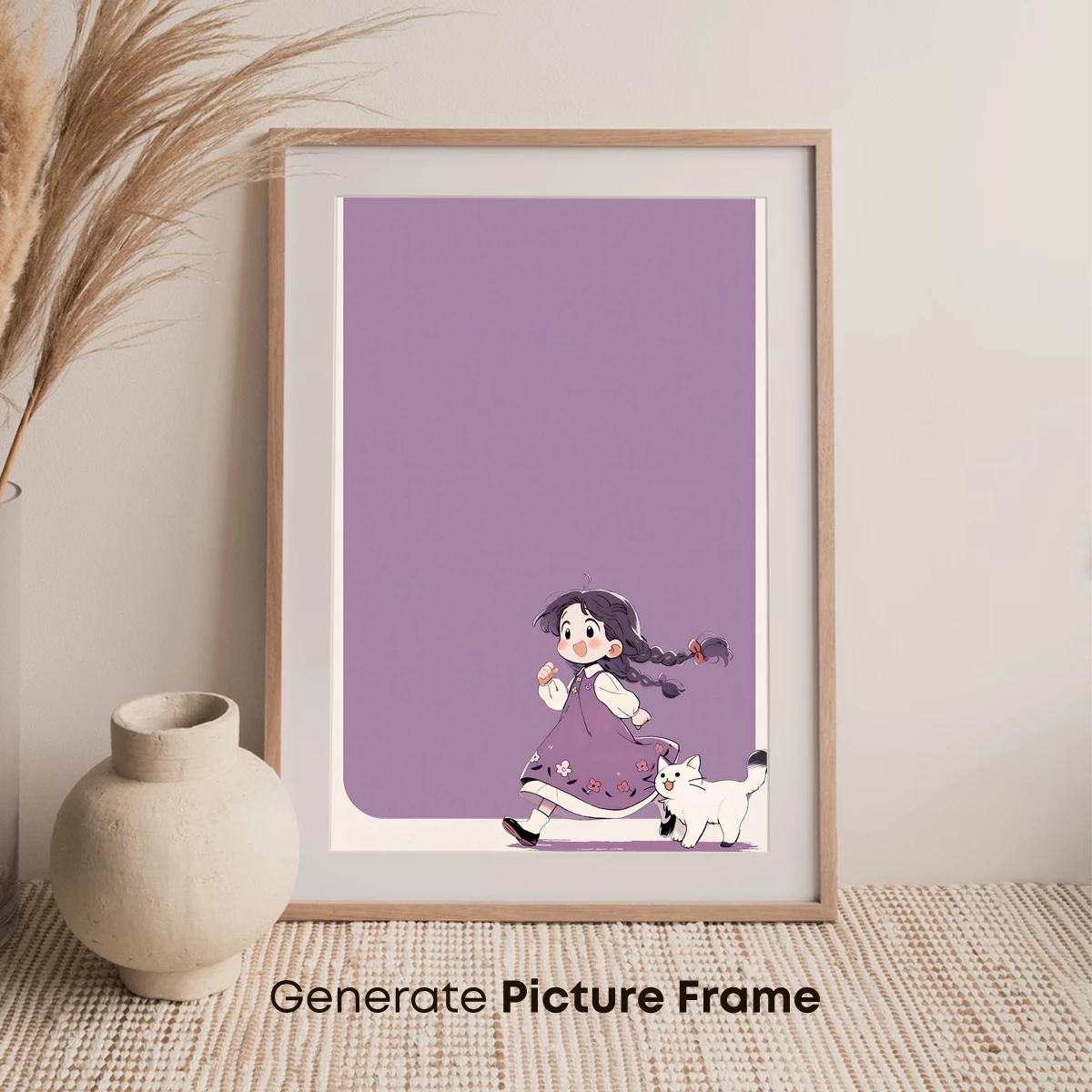Charming Stroll: Girl and Cat in Purple Harmony - Image 7