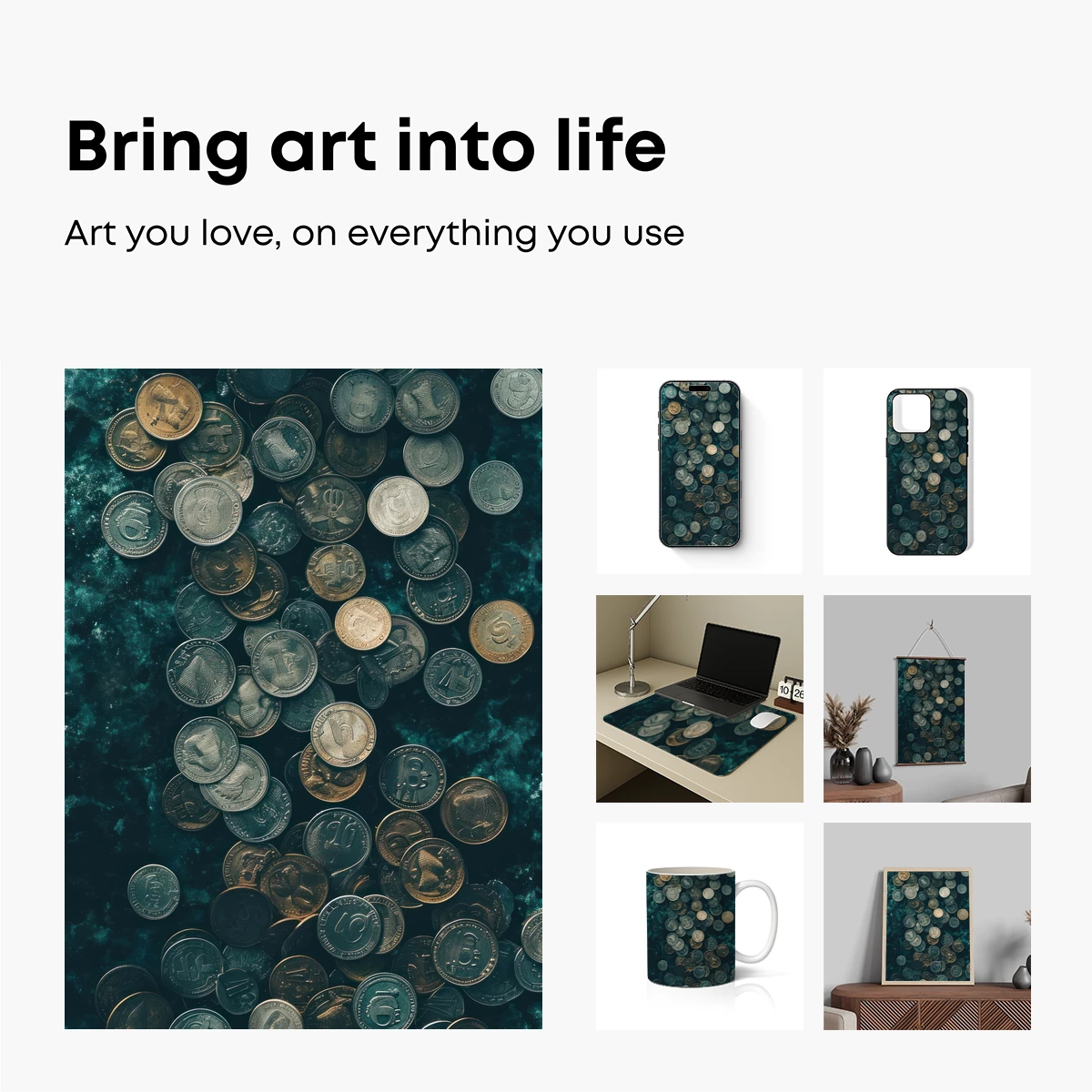 Coin Cascade: Metallic Symphony in Teal - Image 2