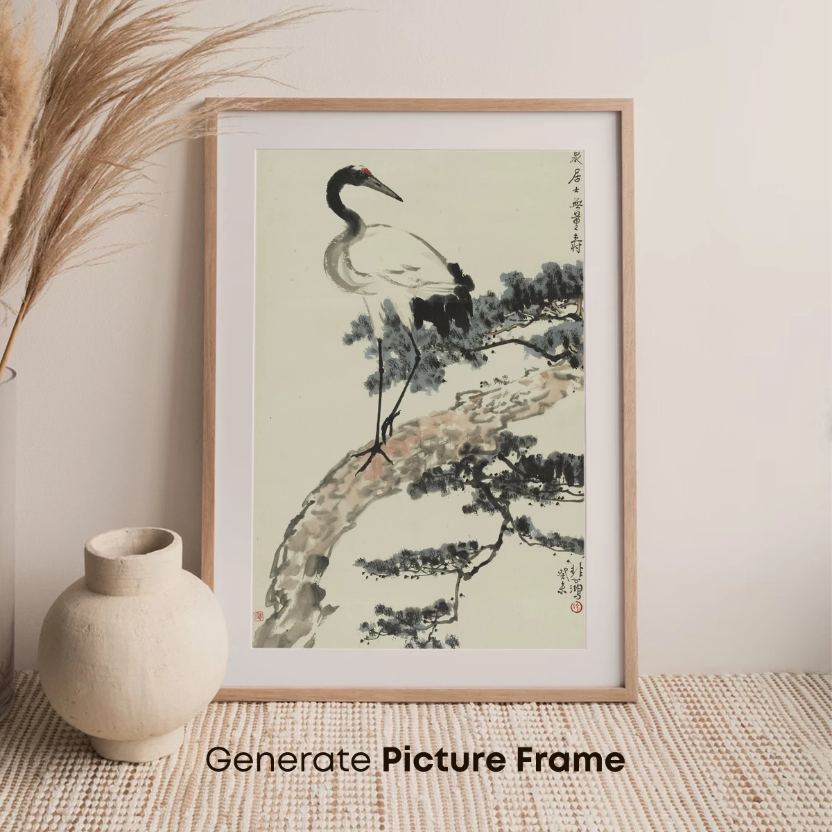 Elegant Crane Amidst Pine: Ink Art Harmony - Image 7