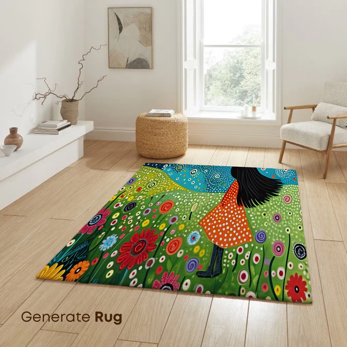 Dreamy Floral Odyssey: Girl and Bird in a Whimsical Garden - Image 6