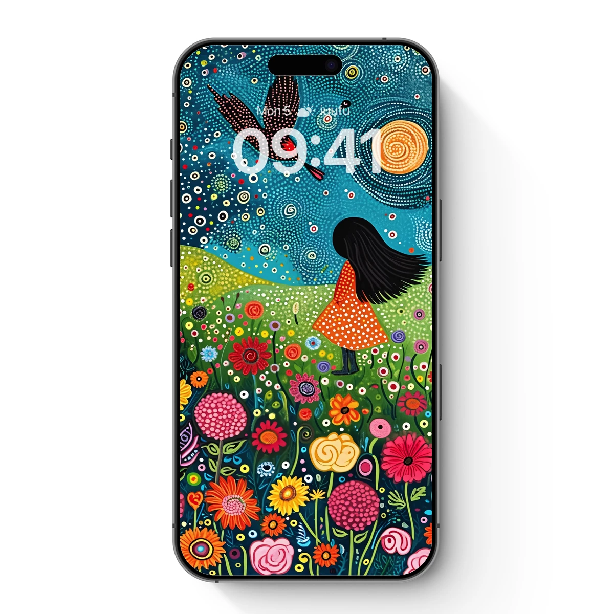 Dreamy Floral Odyssey: Girl and Bird in a Whimsical Garden