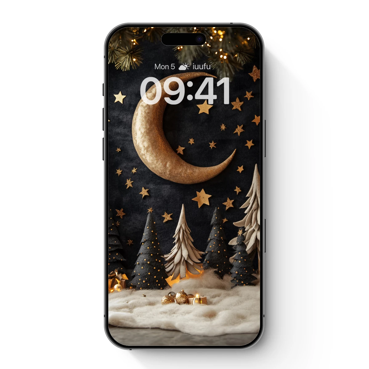 Golden Crescent Moon Over Winter Forest