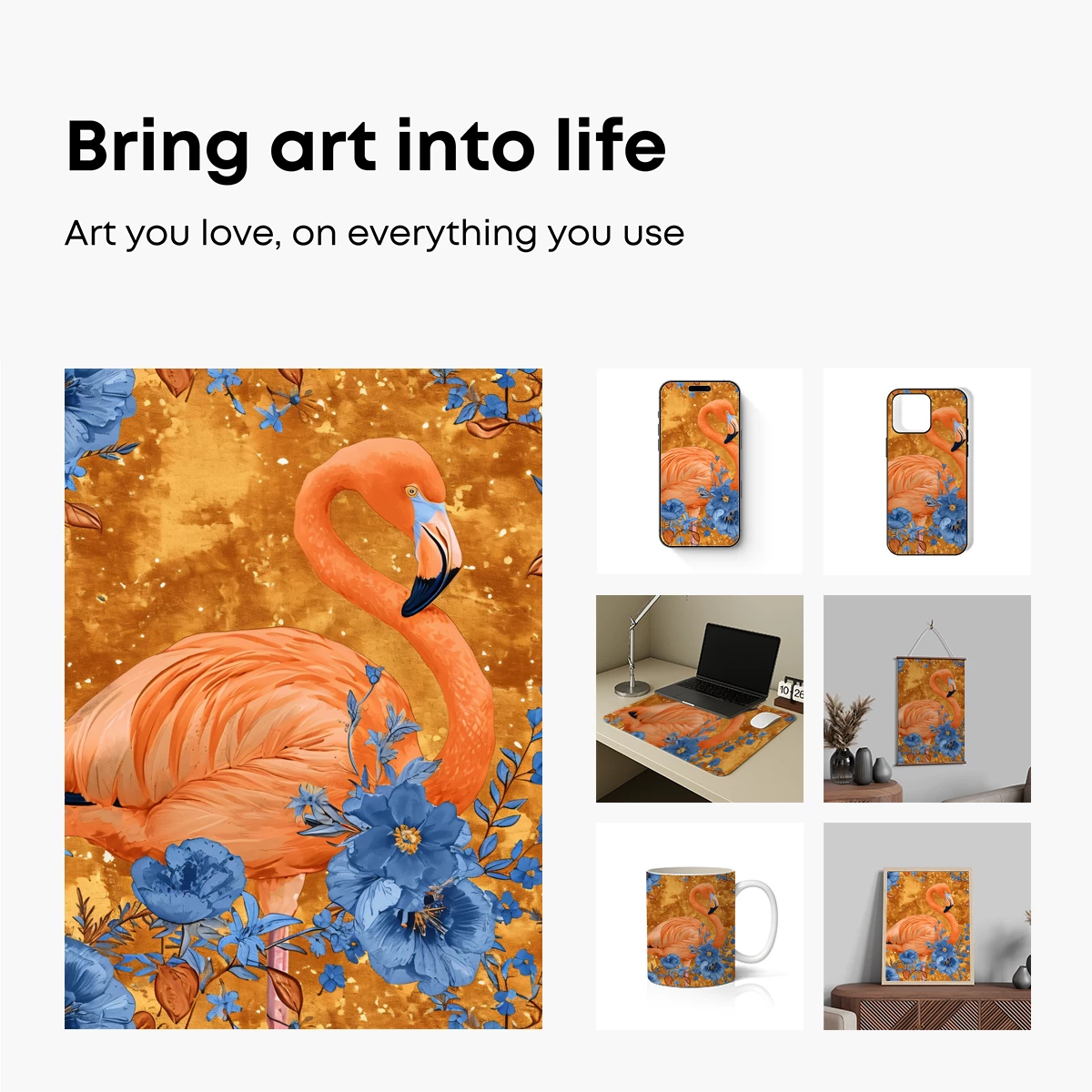 Flamingo in Blue Blossoms: A Golden Dream - Image 2